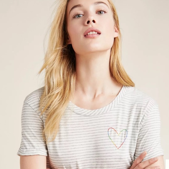 Anthropologie Good hYOUman Devyn Rainbow Heart Tee Striped T Shirt Top Women’s M - Picture 1 of 11